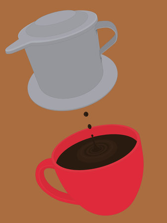 Vietnamese phin black coffee in red cup with drops and splash vector illustrationのイラスト素材