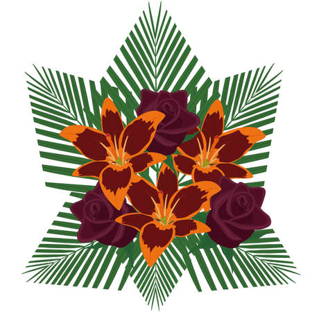 Lily and rose dark gloomy color bouquet with palm leaves vector illustrationのイラスト素材
