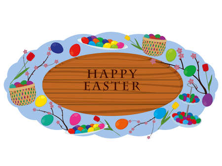 Happy easter wooden signboard decorated with eggs and flowers vector illustrationのイラスト素材