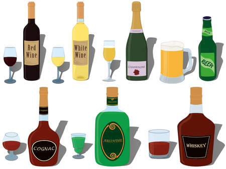 Alcohol drinks, bottle and special glasses pairs collection vector illustrationのイラスト素材