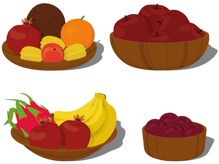 Still life collection, ripe fruits in wooden bowls and plates vector illustrationのイラスト素材