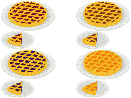 Tart pie with strawberry, apple, blueberry and orange filling whole and piece vector illustrationのイラスト素材