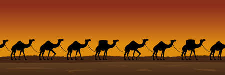 Camels caravan travelling through desert on sunset seamless vector illustrationのイラスト素材