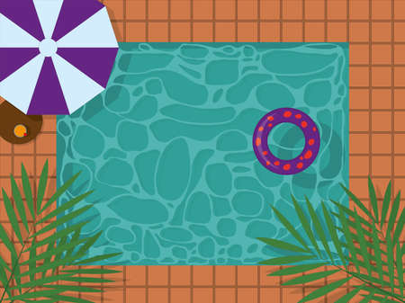 Hotel swimming pool, sun umbrella and swimming ring view from above vector illustrationのイラスト素材