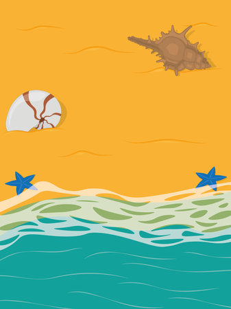 Sandy beach on border with sea full of seashells and starfish vector illustrationのイラスト素材