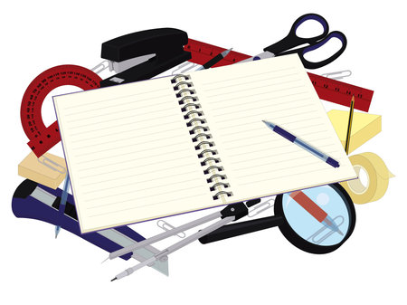 Knowledge day composition, spiral notebook with copy space and school supplies behind vector illustrationのイラスト素材