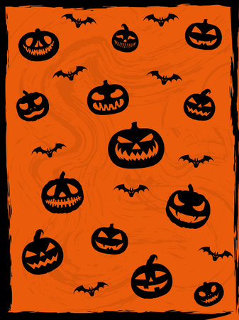 Halloween themed orange and black colored background with scary smiling pumpkins and bats vector illustrationのイラスト素材