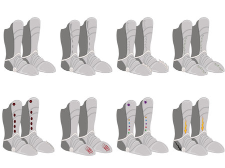 Plate armor game asset, various styles foot armor collection vector illustrationのイラスト素材