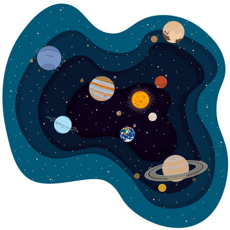 Solar system with Sun, planets and satellites deep effect papercut layer vector illustrationのイラスト素材