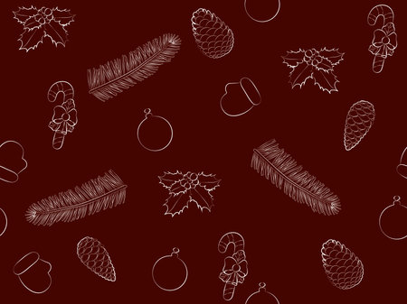Christmas and new year red and white seamless background with fir branch, toys and fir cones vector illustrationのイラスト素材