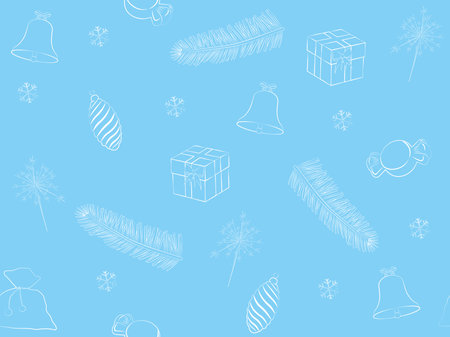 Christmas and new year blue and white seamless background with fir branch, toys and gifts vector illustrationのイラスト素材