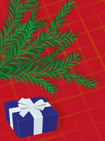 Christmas and new year themed background, fir tree branch and gift box on cosy red plaid vector illustrationのイラスト素材