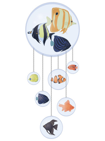 Glass balloons with bright tropical fishes art composition vector illustrationのイラスト素材