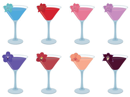Alcohol cocktails decorated with flower garnish collection vector illustrationのイラスト素材