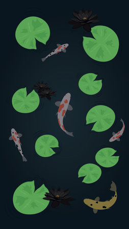 Dark water pond with water lilies and koi fish illustrationのイラスト素材