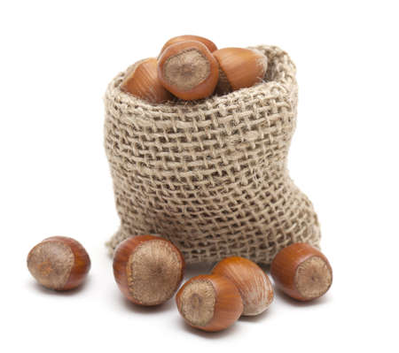 hazelnuts in a miniature burlap sack isolated on whiteの写真素材