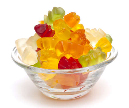gummy bear candies in a glass bowlの写真素材