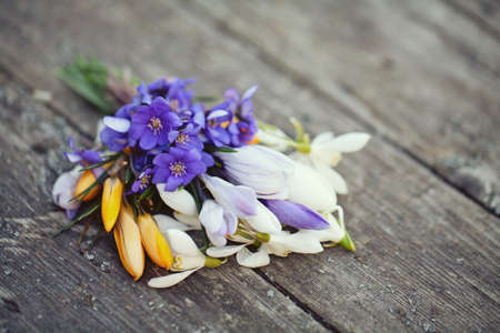 spring flowers on wooden table