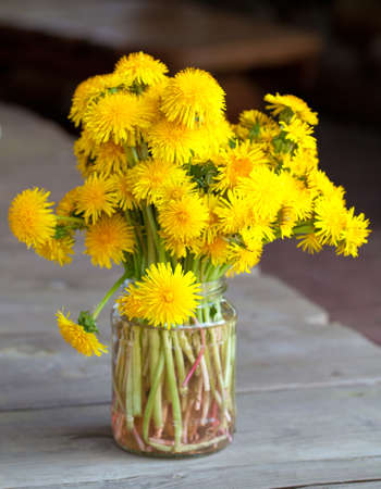 bouquet of dandelions on wooden table の写真素材