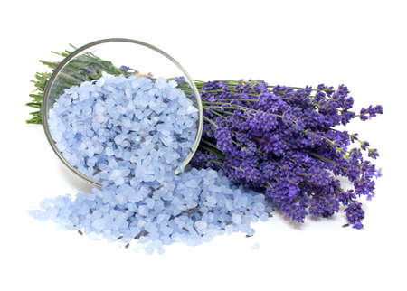 lavender bath salt isolated on white backgroundの写真素材