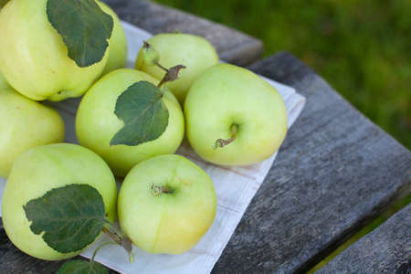 fresh apples on wooden tableの写真素材