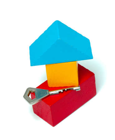 key and a toy block house の写真素材