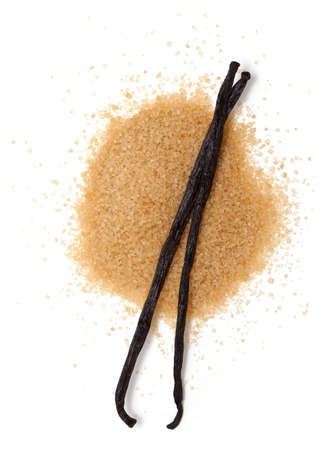 vanilla beans and brown vanilla sugar isolated on white backgroundの写真素材