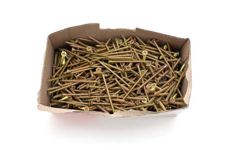 new nails in a paper box isolated on white backgroundの写真素材