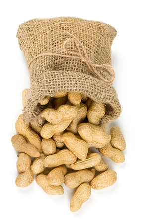 peanuts in a miniature burlap bag isolated on white