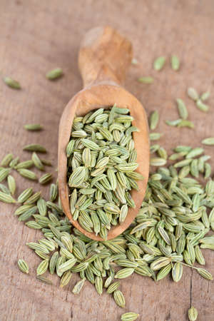 fennel seed in a wooden scoop on tableの写真素材