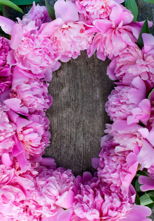 peonies frame on wooden の写真素材