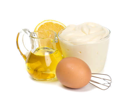 Mayonnaise ingredients isolated on white backgroundの写真素材