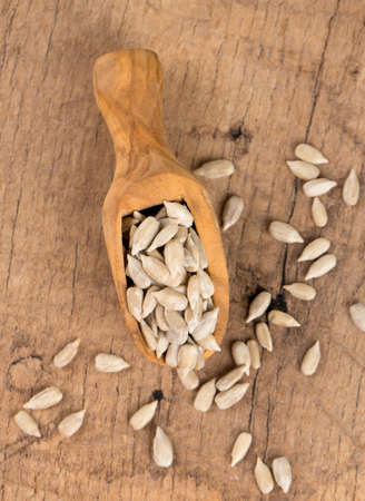 sunflower seeds in a wooden spoonの写真素材