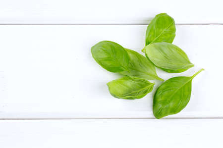 fresh basil leaves on wooden surfaceの写真素材