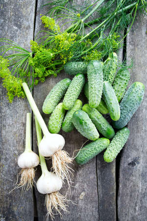 fresh cucumbers on wooden tableの写真素材