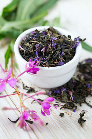 fireweed tea on wooden surfaceの写真素材