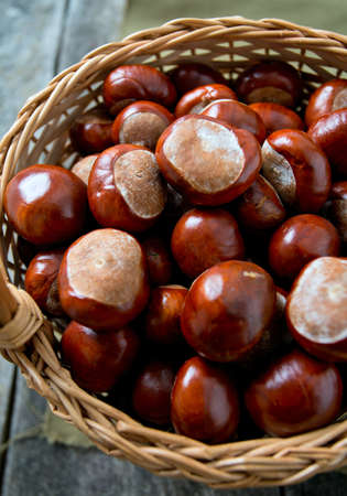 chestnuts on wooden surfaceの写真素材