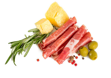 Coppa di Parma ham, parmesan cheese and olivesの写真素材