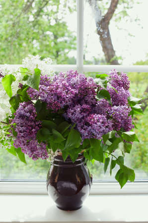 bunch of lilac in vase on window-sillの写真素材