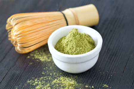 macha tea on wooden surface