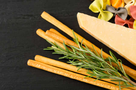 pasta, cheese, bread and tomatoesの写真素材