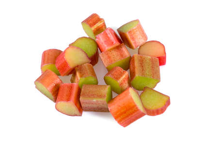 cut rhubarb stems isolated on whiteの写真素材