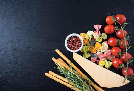 pasta, cheese, bread and tomatoesの写真素材