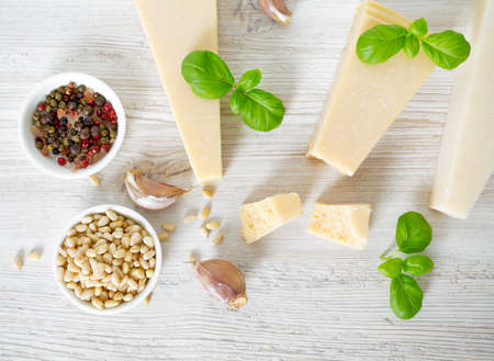 pesto ingredients on wooden surfaceの写真素材