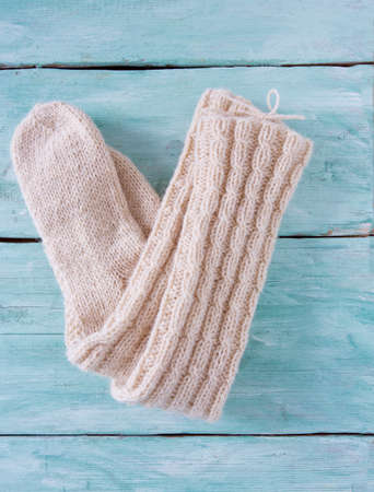 hand knitted long socks with braidsの写真素材