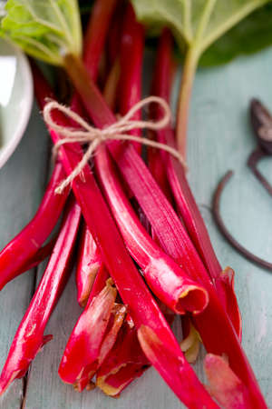 fresh rhubarb on wooden surface