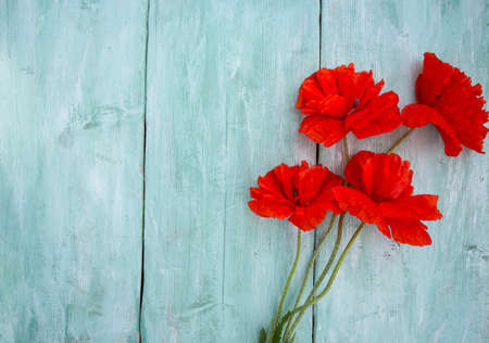 red poppy flowers on wooden surfaceの写真素材