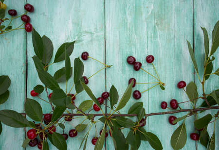 Cherries on wooden surfaceの写真素材