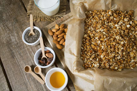 home made granola on wooden surface surfaceの写真素材