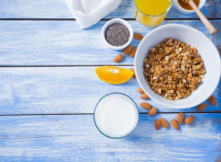 home made granola on wooden surface surfaceの写真素材